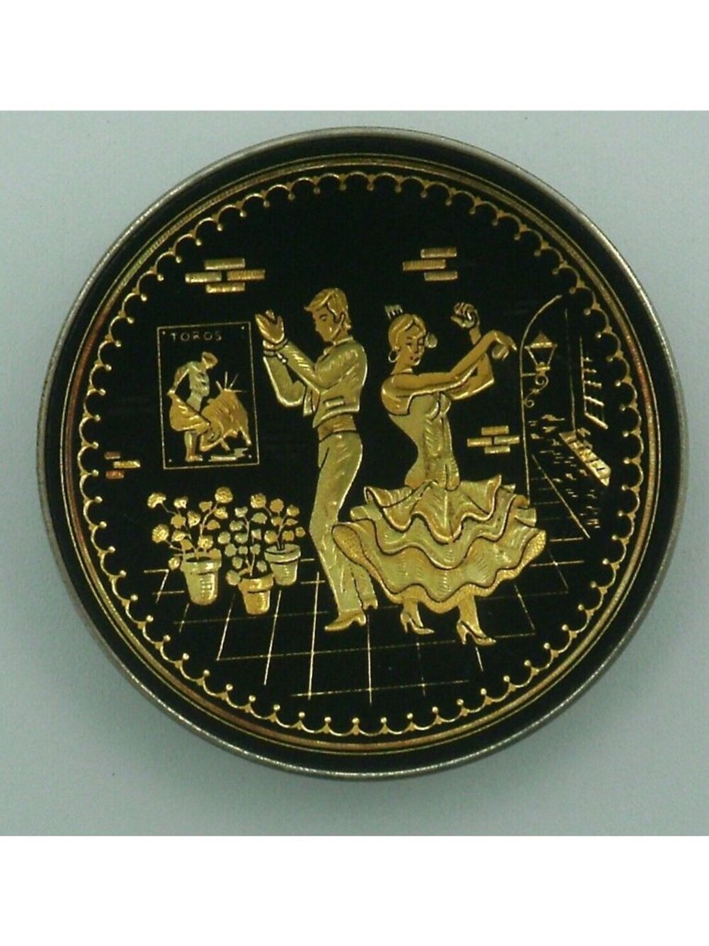 Damascene Spain Miniature Footed Plate Inlaid Gold and Black - Spanish Dancers